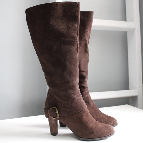 NINE WEST Women's Brown Leather Suede Zip Buckle Knee-High Heeled Boots Size 9 - Picture 1 of 7